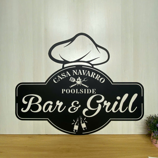 Personalized Backyard Bar & Grill Metal Sign, Custom Family Name Poolside Bar & Grill Metal Wall Art, Bbq Backyard Patio Outdoor Metal Wall Sign Decor