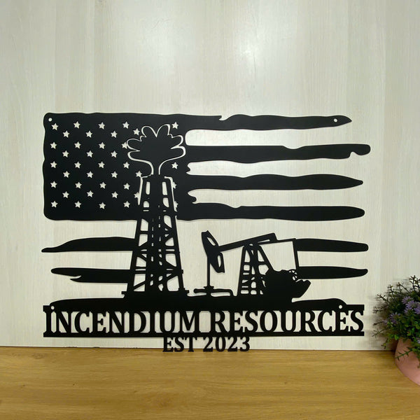 Personalized Us Flag Oil Rig Metal Name Sign, Oil Field Monogram Metal Wall Art, Oil Field Company Metal Name Sign, Oil Rig Derrickhand Metal Sign