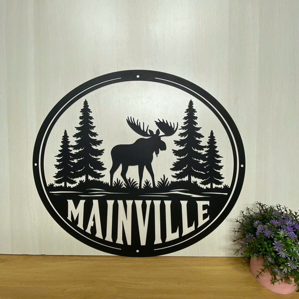 Personalized Forest Moose Metal Wall Art, Custom Wild Moose Hunting Metal Sign, Nature Forest Moose Cabin Lodge Man Cave Metal Hanging Decor