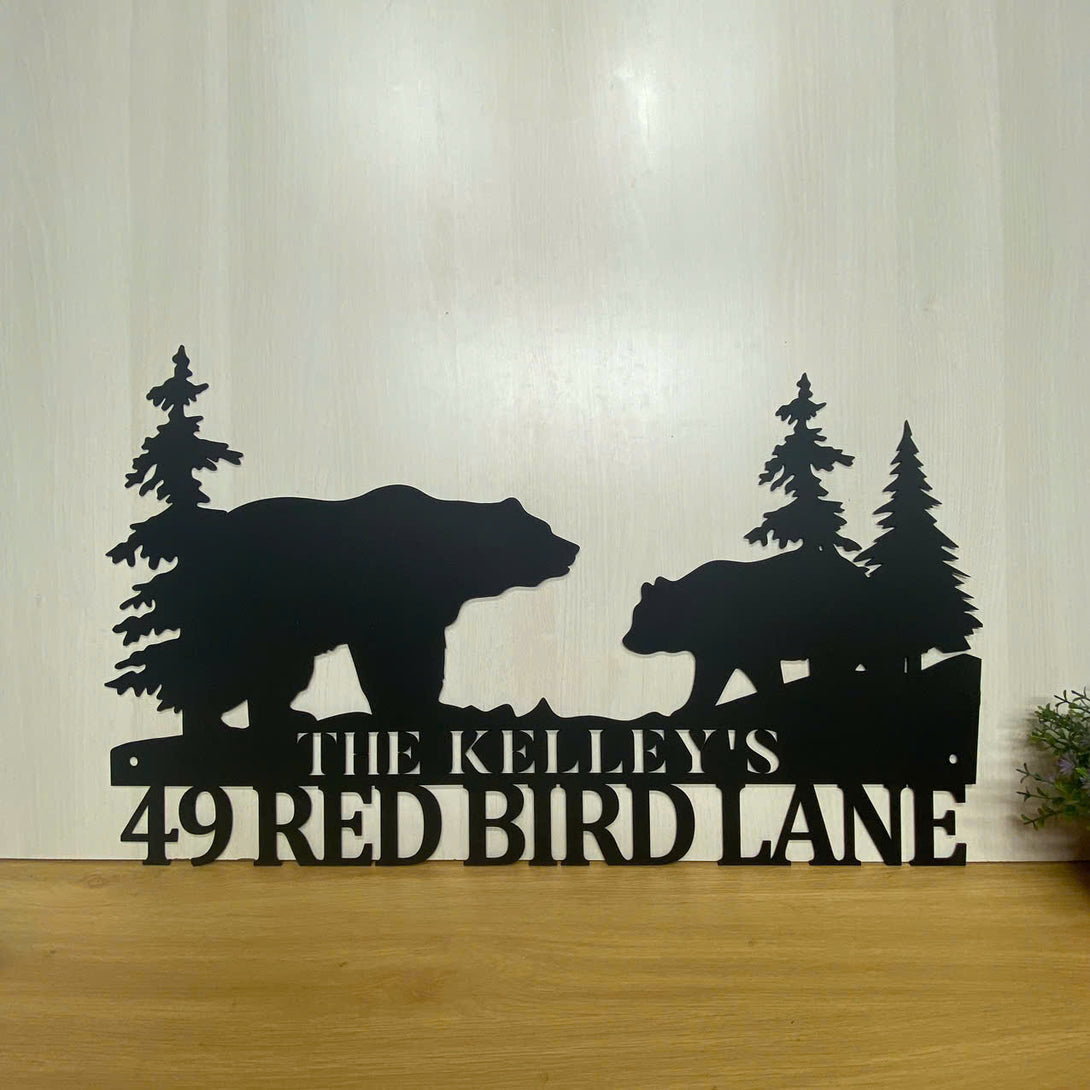Personalized Bears And Pine Trees Metal Address Sign, Custom Family Name Bear Metal Decor, Custom Bear House Number Sign, Bear Man Cave Metal Sign