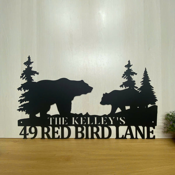 Personalized Bears And Pine Trees Metal Address Sign, Custom Family Name Bear Metal Decor, Custom Bear House Number Sign, Bear Man Cave Metal Sign