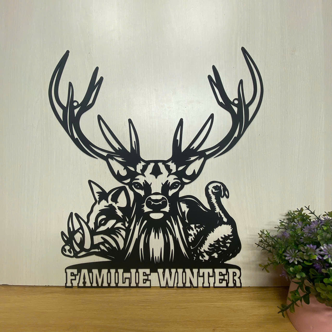 Custom Wildlife Hunting Metal Sign, Wild Deer Turkey Boar Hunting Metal Wall Art, Custom Family Name Hunter Metal Sign, Hunting Man Cave Metal Decor
