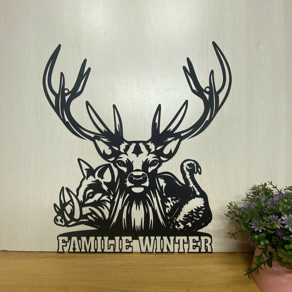 Custom Wildlife Hunting Metal Sign, Wild Deer Turkey Boar Hunting Metal Wall Art, Custom Family Name Hunter Metal Sign, Hunting Man Cave Metal Decor