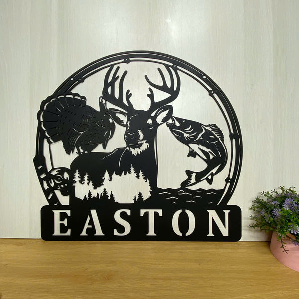 Custom Deer Hunting Fishing Metal Wall Art, Personalized Turkey Deer Hunter Metal Name Sign, Hunting Fishing Cabin Metal Wall Hanging Sign