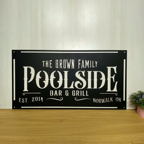 Personalized Poolside Bar & Grill Metal Wall Art, Custom Family Name Poolside Patio Metal Wall Hanging, Poolside Backyard Metal Outdoor Decor