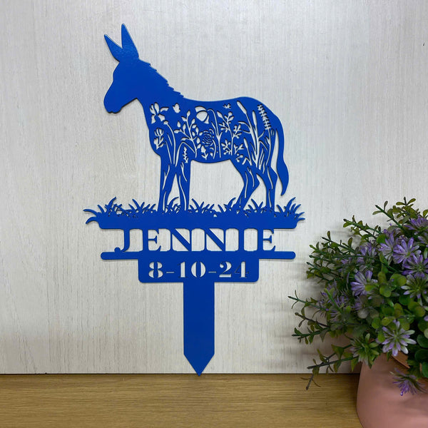 Custom Donkey Memorial Metal Stake, Donkey Loss Metal Grave Marker, Pet Loss Metal Yard Sign With Stake, Floral Donkey Memorial Metal Garden Stake