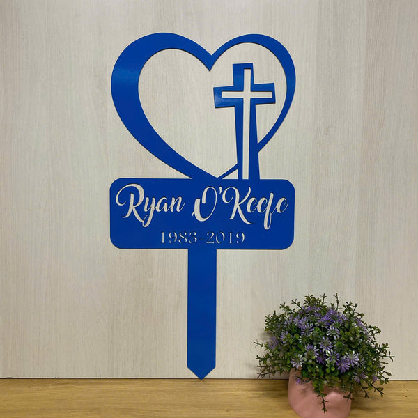 Personalized Cross With Heart Memorial Metal Stake, In Loving Memory Metal Garden Stake, Metal Memorial Plaque With Stake, Metal Remembrance Stake
