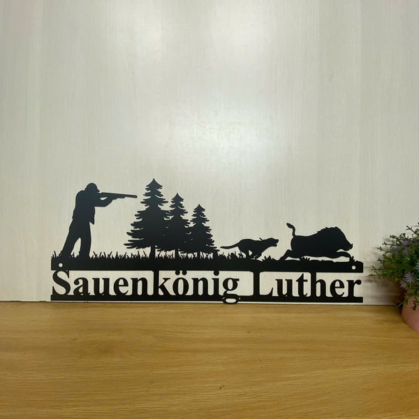 Custom Dog Hound Wild Boar Hunting Metal Wall Art, Personalized Hunter Metal Name Sign, Wildlife Hunting Metal Sign, Hunting Man Cave Metal Home Decor