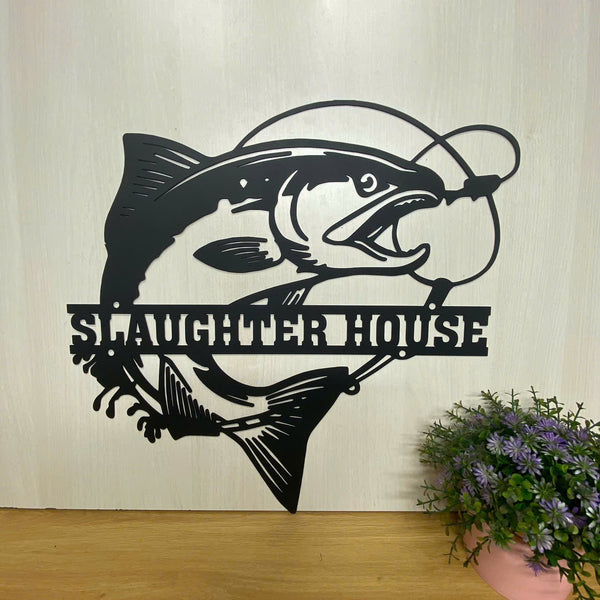 Custom Salmon Fish Metal Wall Art, Personalized Salmon Fishing Lake House Metal Name Sign, Salmon Fishing Cabin Sign, Fishing Man Cave Metal Sign