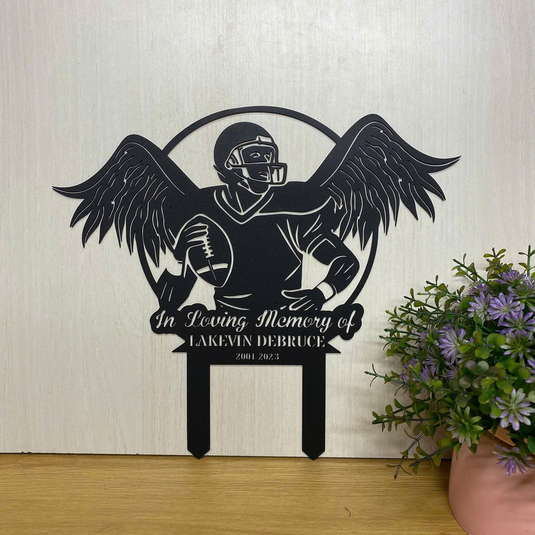 Custom American Football Memorial Metal Sign With Stake, American Football Sympathy Sign, Angel Football Player Metal Grave Marker, Remembrance Stake