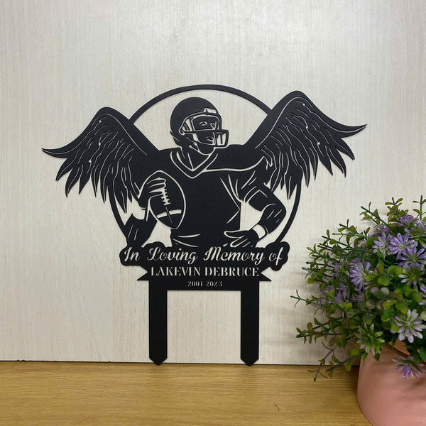 Custom American Football Memorial Metal Sign With Stake, American Football Sympathy Sign, Angel Football Player Metal Grave Marker, Remembrance Stake