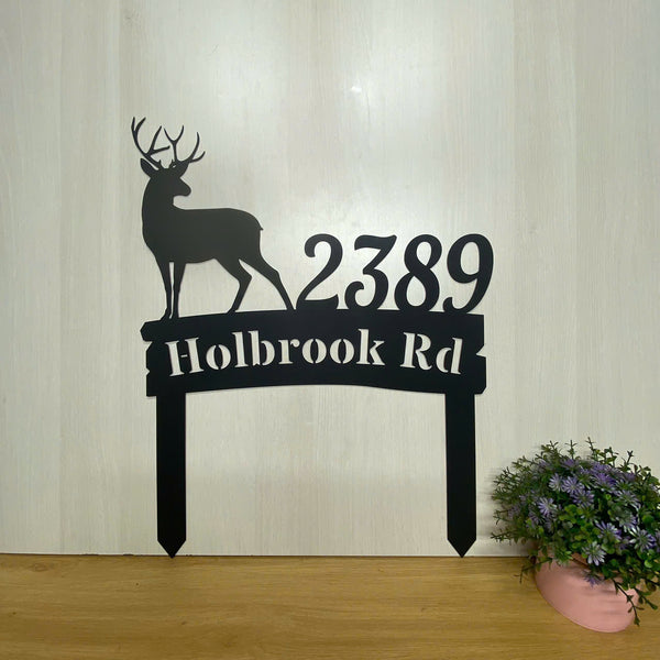 Personalized Deer Cabin Address Metal Stake, Custom Address Number Metal Yard Sign, Lawn Address Metal Sign, Address House Number Metal Stake