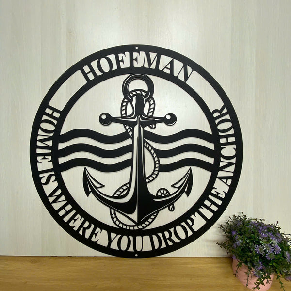 Custom Name Anchor Monogram Metal Wall Art, Personalized Anchor Metal Family Name Sign, Nautical Ship Anchor Beach House Metal Wall Sign Decor