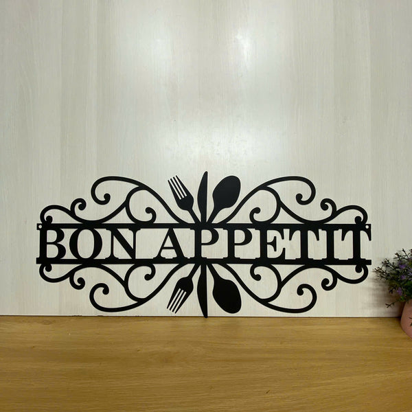 Bon Appetit Metal Wall Hanging Sign, Bon Appetit Metal Kitchen Wall Art Decor, Bon Appetit Kitchen Metal Signs, Dining Room Metal Wall Hanging Decor