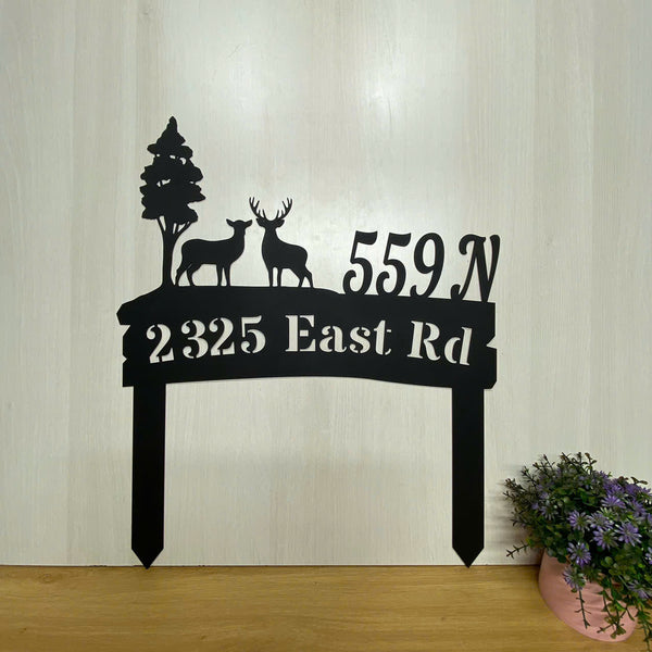 Custom Wild Deer Address Metal Sign With Stakes, Metal Forest Deer Street Number Sign Outdoor Decor, Personalized Address House Number Metal Yard Sign