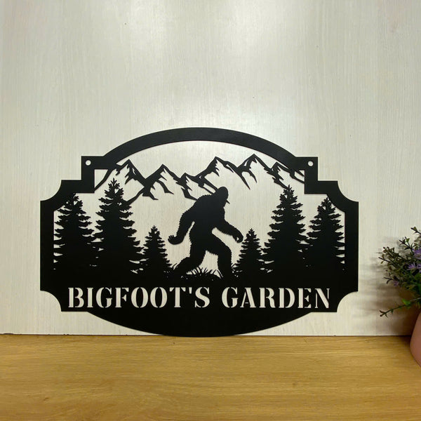 Custom Mountaint Forest Bigfoot Metal Wall Art, Personalized Walking Bigfoot Metal Name Sign, Metal Sasquatch Man Cave Cabin Wall Hanging Decor