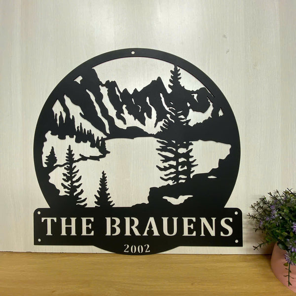 Custom Mountain Lake Scene Metal Wall Art, Personalized Family Name Mountain Lake House Metal Sign, Mountain Lake House Lodge Cabin Metal Home Decor