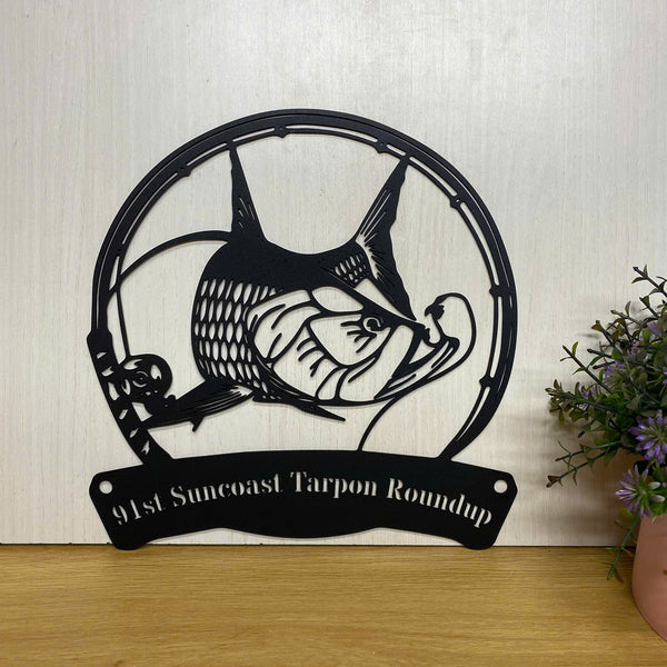 Personalized Tarpon Fishing Fish Pole Metal Wall Hanging Sign, Custom Tarpon Fish Monogram Metal Wall Art, Fishing Lake House Cabin Lodge Metal Decor