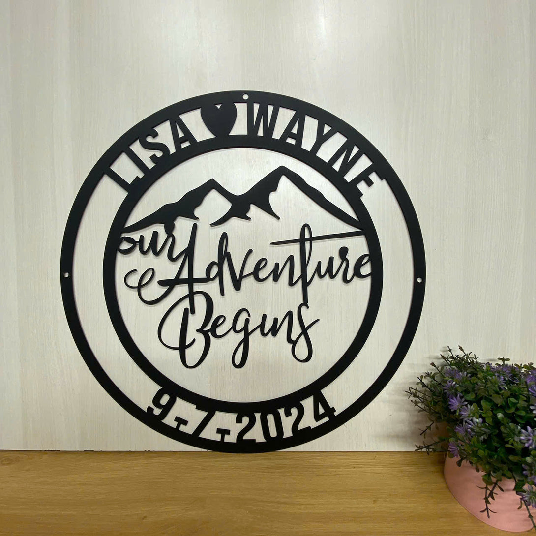 Custom Adventure Mountain Rustic Metal Wall Art, Personalized Mountain Camping Couple Names Metal Sign, Anniversary Housewarming Gift Metal Wall Sign