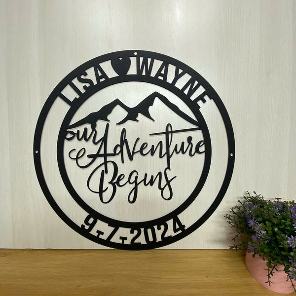 Custom Adventure Mountain Rustic Metal Wall Art, Personalized Mountain Camping Couple Names Metal Sign, Anniversary Housewarming Gift Metal Wall Sign