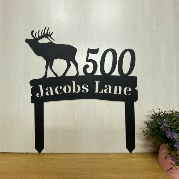 Personalized Moose Cabin Address Metal Stake, Custom Address Number Metal Yard Sign, Lawn Address Metal Sign, Address House Number Metal Stake