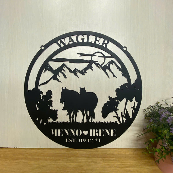 Custom Mountain Wild Horse Metal Farm Sign, Wild Horse Farmhouse Metal Sign, Personalized Horse Ranch Metal Sign, Horse Barn Ranch Metal Hanging Sign