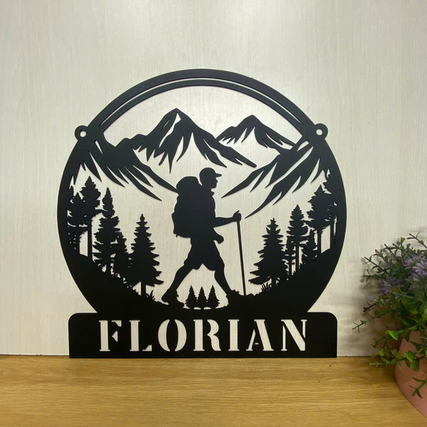 Personalized Mountain Hiking Metal Wall Art, Custom Hiker Metal Name Sign, Hiking Great Outdoor Metal Sign, Hiking In Woods Metal Cabin Sign