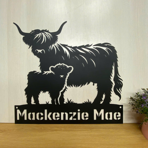 Custom Highland Cow Farm Metal Sign, Mama & Baby Highland Cow Metal Sign, Highland Cattle Metal Wall Art, Highland Cow Farmhouse Metal Wall Hanging