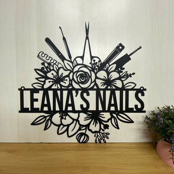 Custom Nail Tech Metal Name Sign, Nail Salon Metal Sign, Personalized Floral Nail Tools Metal Wall Art Decor, Beauty Salon Spa Metal Wall Sign Decor