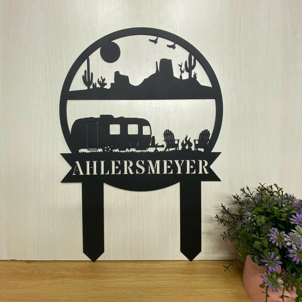 Custom Happy Camper Rv Outdoor Metal Stake, Personalized Family Name Campsite Metal Stake, Desert Camping Sign Decor, Great Outdoor Camping Sign