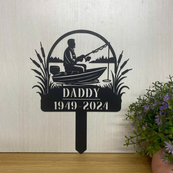Custom Lakeside Fishing Memorial Metal Garden Stake, Loving Memory Fisherman Metal Grave Marker, Fisher Loss Metal Stake, Fisherman Sympathy Sign