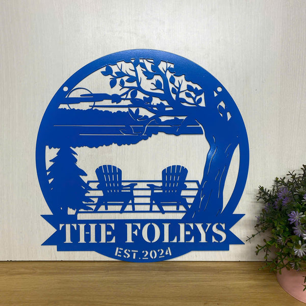Custom Lake House Metal Wall Art, Personalized Lake House With Family Name Metal Sign, Lakeside Metal Decor, Forest Lake Scene Cabin Lodge Metal Sign