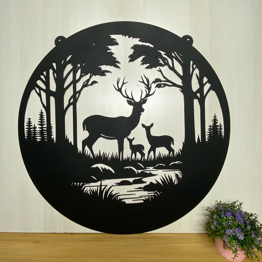 Personalized Forest Deers Family Metal Wall Art, Forest Deer Hunting Metal Cabin Sign, Customized Family Name Monogram Metal Name Sign
