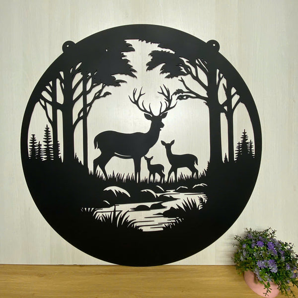 Personalized Forest Deers Family Metal Wall Art, Forest Deer Hunting Metal Cabin Sign, Customized Family Name Monogram Metal Name Sign