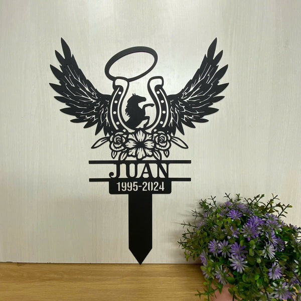 Personalized Cowboy Horse Memorial Metal Garden Stake, Custom Horseshoe With Wings Metal Yard Sign, Cowboy Metal Grave Marker, Horse Metal Yard Stake
