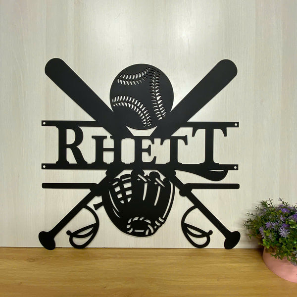 Custom Baseball Bat And Gloves Metal Wall Hanging Sign, Personalized Baseball Player Metal Name Sign, Softball Sports Kid Room Metal Wall Sign Decor