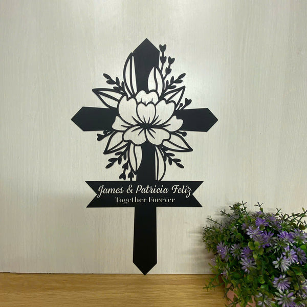 Personalized Floral Cross Memorial Stake, In Loving Memory Metal Sympathy Sign, Cross Memorial Plaque With Stake, Metal Cross Remembrance Stake