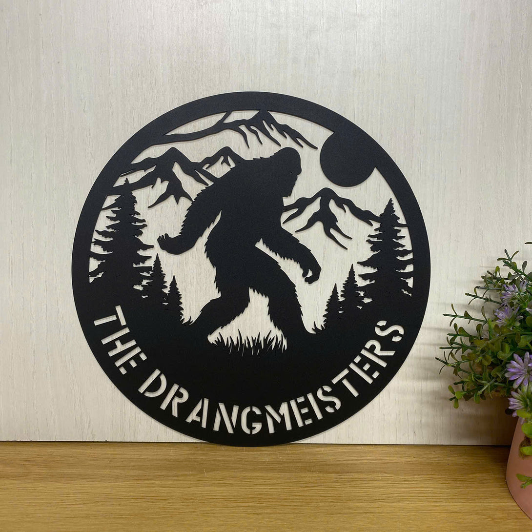 Custom Mountaint Forest Bigfoot Metal Wall Art, Personalized Walking Bigfoot Metal Name Sign, Sasquatch Cabin Man Cave Metal Wall Hanging Decor