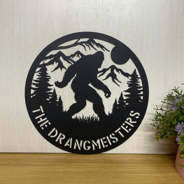 Custom Mountaint Forest Bigfoot Metal Wall Art, Personalized Walking Bigfoot Metal Name Sign, Sasquatch Cabin Man Cave Metal Wall Hanging Decor