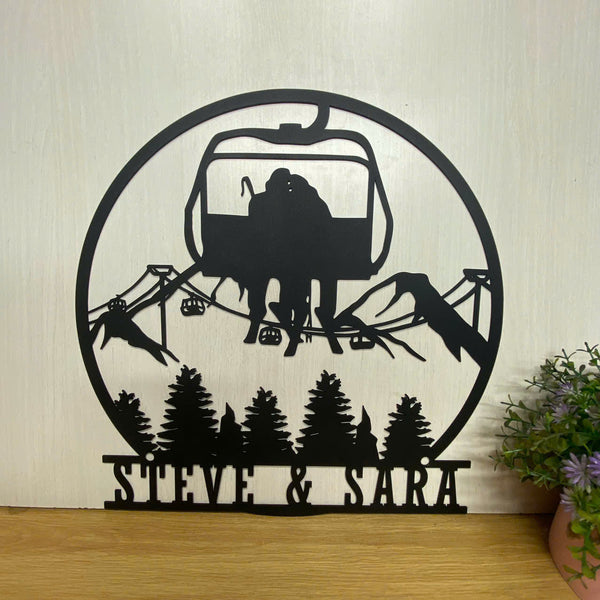 Custom Ski Lift Chair Metal Wall Art, Personalized Chairlift Skier Metal Name Sign, Winter Snow Skiing Sport Cabin Metal Sign, Snow Skiing Skier Gift