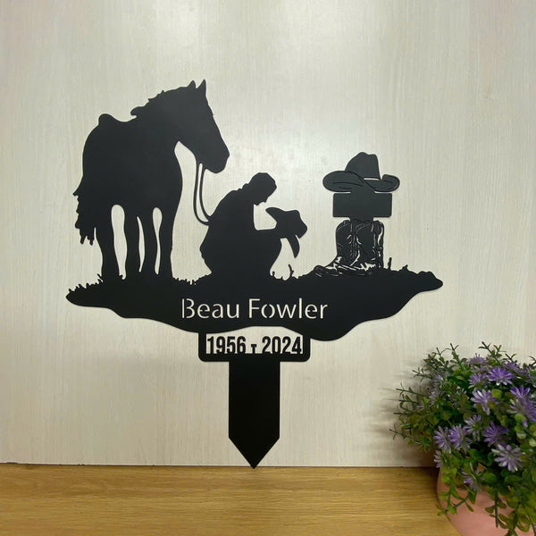 Custom Cowboy Memorial Metal Garden Stake, Memorial Cowboy Boots Hat Cross Yard Sign, Cowboy Sympathy Sign, Country Western Theme Grave Plaque