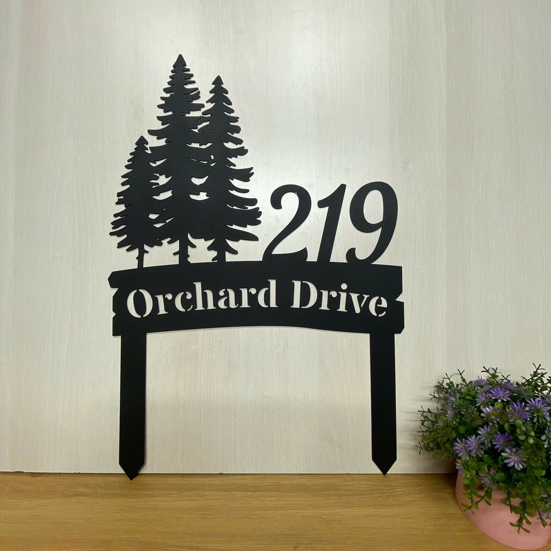 Personalized Pine Tree Address Metal Yard Stake, Custom Address Number Metal Yard Sign, Lawn Address Metal Sign, Address House Number Metal Stake