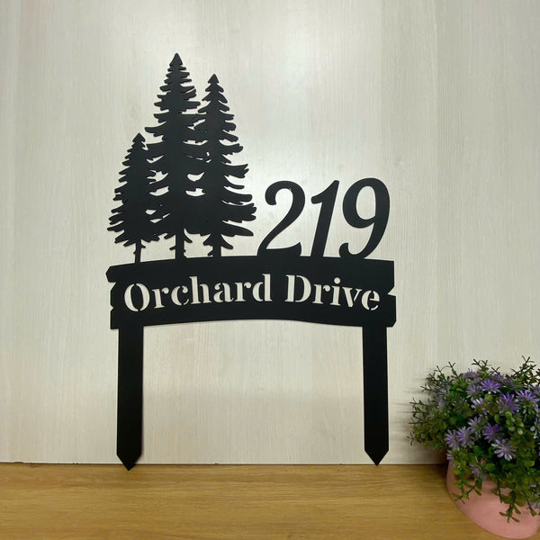 Personalized Pine Tree Address Metal Yard Stake, Custom Address Number Metal Yard Sign, Lawn Address Metal Sign, Address House Number Metal Stake