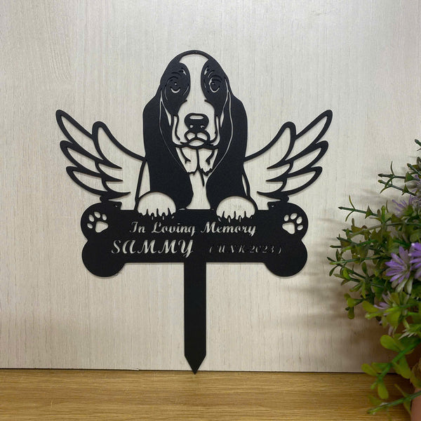 Custom Basset Hound Dog Memorial Garden Stake, Basset Hound Dog With Wings Metal Yard Sign, Angel Dog Metal Grave Marker, Pet Loss Sympathy Stake