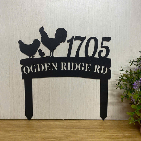 Personalized Chicken Farmhouse Address Metal Stake, Custom Address Number Metal Yard Sign, Lawn Address Metal Sign, Address House Number Metal Stake