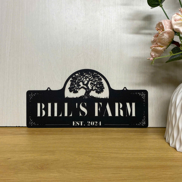 Custom Oak Tree Farmhouse Metal Wall Hanging Sign, Personalized Family Name Metal Farm Sign, Oak Tree Farm Ranch Address Outdoor Metal Entrance Sign