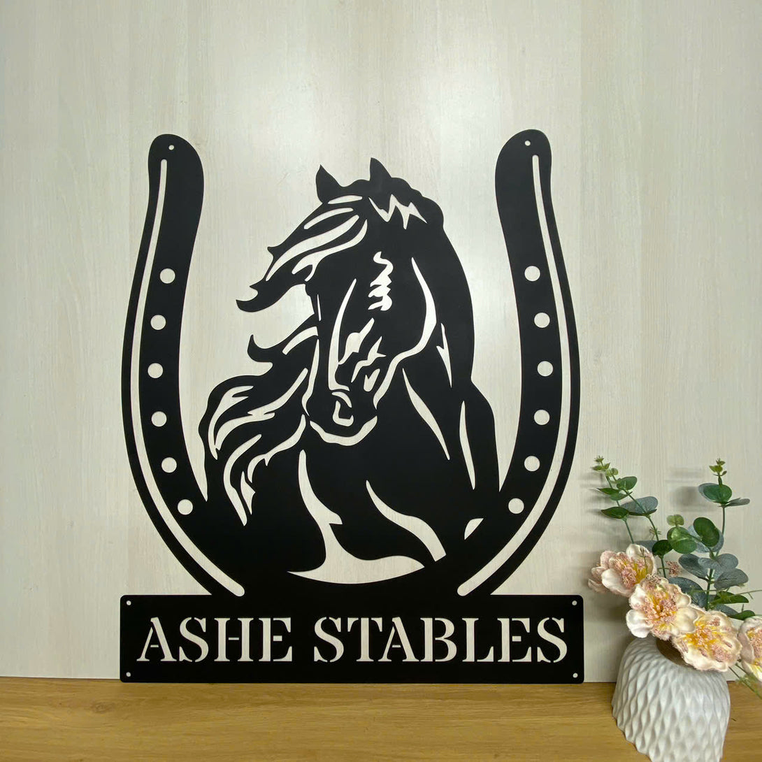 Custom Horseshoe Metal Wall Art Decor, Horse Head Metal Sign, Personalized Wild Horse Metal Name Sign, Horse Farm Ranch Front Door Metal Wall Sign
