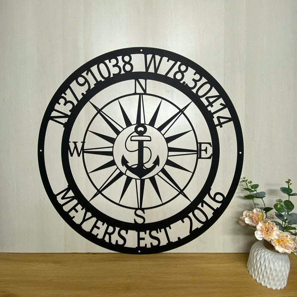 Personalized Nautical Compass Rose Metal Wall Art, Compass Coordinates With Anchor Metal Sign, Nautical Beach House Metal Decor, Nautical Compass Sign