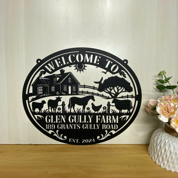 Custom Welcome Farmhouse Metal Entrance Sign, Personalized Farm Animals Metal Wall Art, Farmhouse Address Metal Sign, Rustic Farm Scene Metal Sign