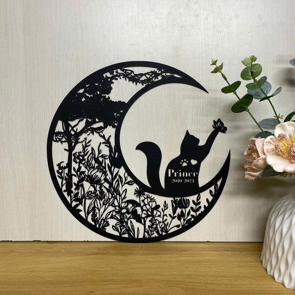 Custom Cat On The Moon Metal Sign, Personalized Cat Memorial Metal Wall Art, Floral Crescent Moon With Cat Metal Name Sign, Moon Cat Metal Wall Decor